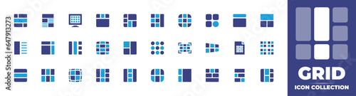 Grid icon collection. Duotone color. Vector and transparent illustration. Containing content design, grid, circle grid, sitemap, bottom alignment, layout, guide book, table, row, and more.