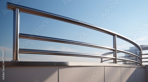 modern building balustrade, detail in polished and satin steel, the parapet protects from falling. Contemporary architecture. handrail geometry. 8k,