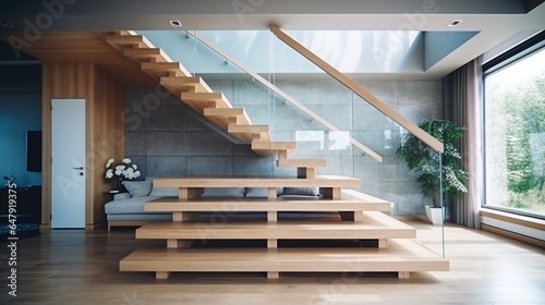 Modern natural ash tree wooden stairs in new house interior. Stairs architecture interior design of contemporary, Modern house building stairway. Luxury fashionable modern design studio apartment. 8k,