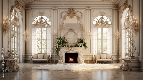 Luxurious vintage interior with fireplace in the aristocratic style. Large Windows and mirrors. Columns and arches, ornament on the glossy floor 8k,