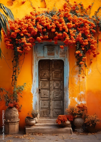 closeup door flowers outside orange palette mexico gardens hanging moroccan city monochromatic color stunning grand architecture