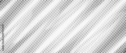 Halftone diagonal stripe texture. White and black oblique faded gradient. Grunge slanted line grit background. Abstract pop art comic wallpaper. Dotted noise backdrop. Retro vector illustration
