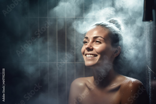 Young woman smiling in steam room, shower or bath tub in spa