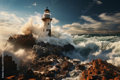 Stone lighthouse standing tall against crashing waves, a symbol of resilience, Generative AI