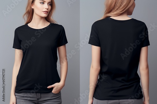 Young woman wearing black casual t-shirt. Side view, back and front view mockup template for print t-shirt design mockup