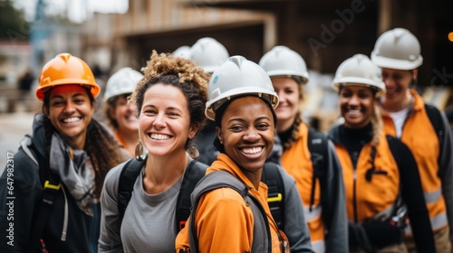 Photograph of smiling women, a group of various happy women doing construction work on a construction site.