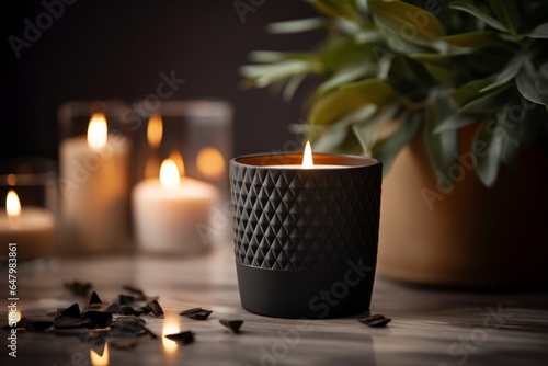 mockup packaging vela negra de lujo, vela de cerámica negra y oro, vela encendida en un spa, sesión de masajes con aromaterapia 