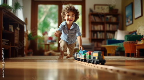 Childhood, young kid playing with his toy train in living room with full of happinesses