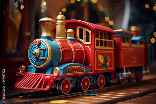 Closeup portrait of a toy train in wooden table top with Christmas decoration