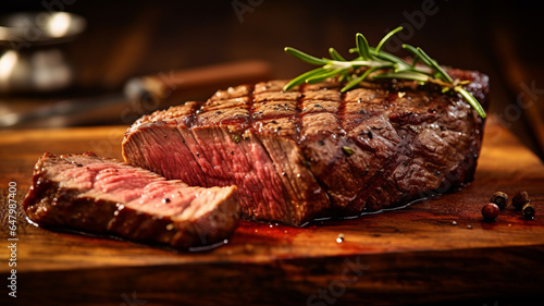 photograph of Beef, Sliced grilled meat steak Rib eye medium rare set on wooden serving board.