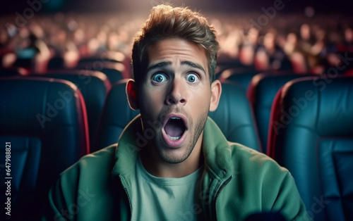 Man with astonished and surprised look watch a movie at cinema