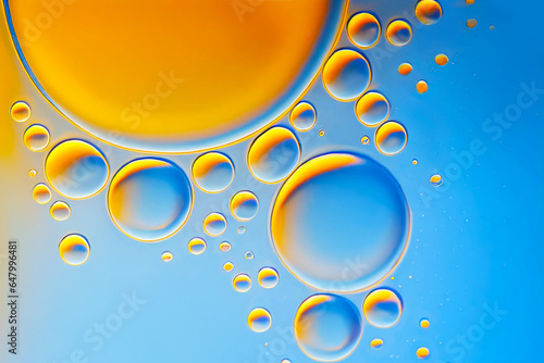Transparent Drops of Water, Oil, Face Serum, liquid in Blue Turquoise Orange Colour Background. Natural organic wellness and beauty cosmetic product. Close-up, front view, flat lay.