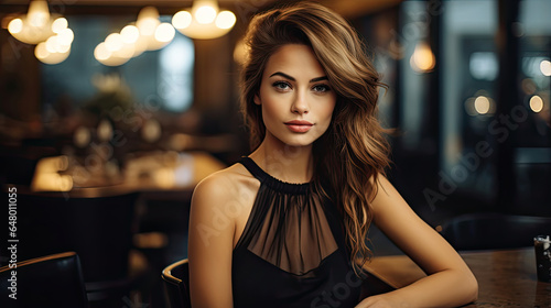 Beautiful blonde woman with long light brown hair in an elegant black dress in a luxury restaurant created with Generative AI Technology