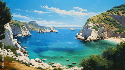 painting of a view of a beach with boats in the water Generative AI