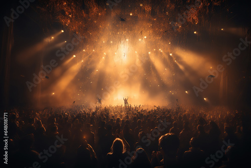Silhouette of vocalist in front of crowd on scene, people in a crowd of a music concert, lights, show performance, AI Generative.