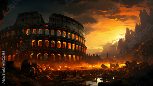 painting of a roman colossion with a fire burning in the foreground Generative AI