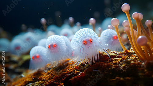 a lot of white mushrooms that are growing on the ground Generative AI