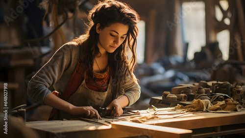 arafed woman working on a piece of wood in a workshop Generative AI