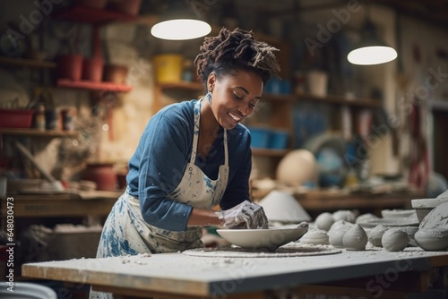 Beautiful african woman holding pottery instrument for scraping, smoothing, shaping and sculpting. Lady siting on bench with pottery wheel and making clay pot (generative ai)