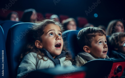 Two Children with astonished and surprised look watch a movie in the cinema