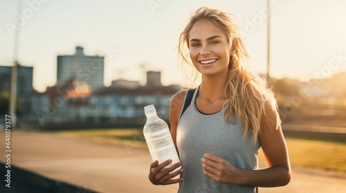Shot of wonderful female runner standing outside holding water bottle Wellness lady taking a break after running workout