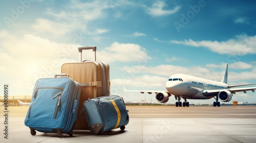 Stack of traveling gear in air terminal terminal and traveler plane flying over sky