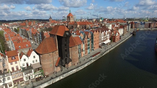 Aerial of Gdansk Old Town Houses Churches and Motlawa River