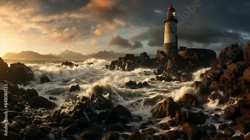 A majestic lighthouse on an imposing rock, bravely resisting the forces of the sea that incessantly crash against it.
