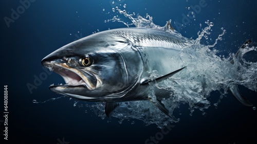 Tuna fish swims underwater on background of the ocean. Tuna Sea fish. Horizontal banner poster. illustration AI generated