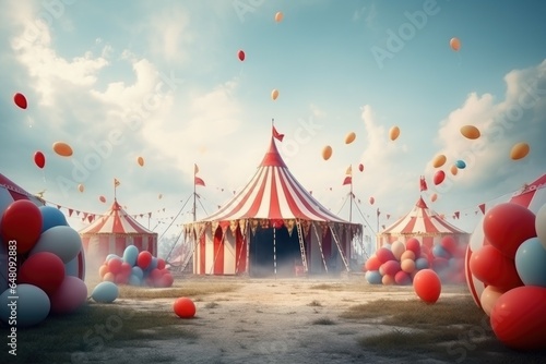 Circus tent with floating balloons in the day background