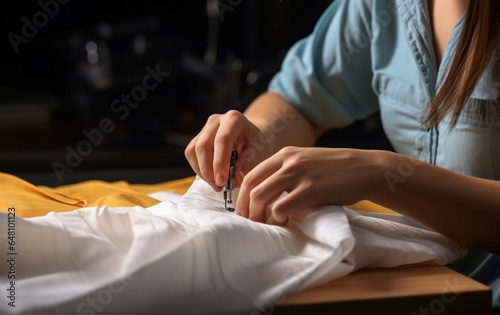 A seamstress hands artfully stitch cotton fabric with a manual sewing needle