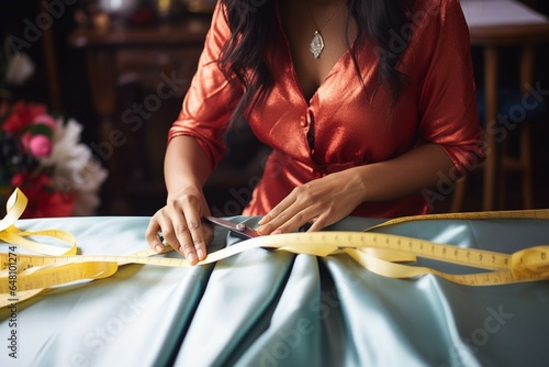 Closeup of a seamstress expertly using scissors to cut fabric in her atelier