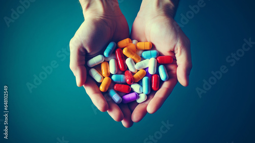 Multicoloured antibiotic pills in hand on a blue background