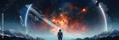 Standing Backwards The Spacefaring Adventurer Is Shown Out In Front Of A Vast Galaxy