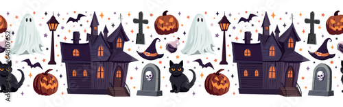 Halloween seamless border with haunted house, scary pumpkin lantern, black cat, and ghost.Vector illustration. Isolated on white background. Background for autumn holiday decorative design.