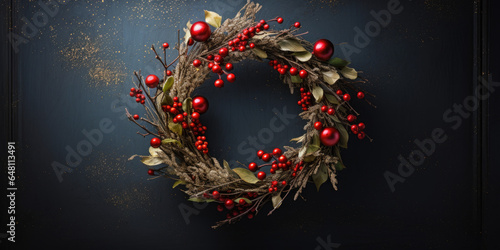 christmas wreath with pines and red christmas balls and berries