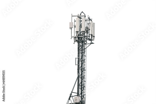 Close-Up of Isolated Telecommunication Tower with Cellular Antennas for 4G and 5G Connection. Cellular antenna repeater tower.