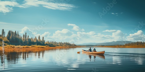Man and woman are rowing a canoe