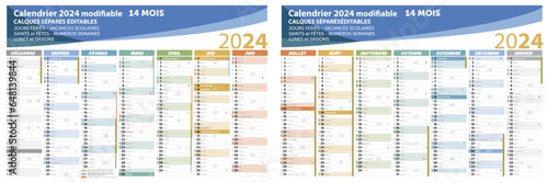 calendrier 2024, 14 mois, vectoriel, texte, calques séparés évitables avec les vacances scolaires, saints, semaines, lunes, fériés, saisons