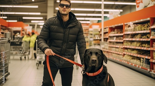 Dog guide helps to a blind man do shopping in the supermarket.