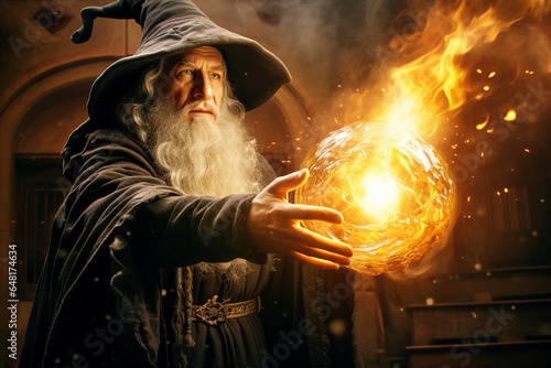 Generative ai collage photo of powerful warlock cast fire fiery spell