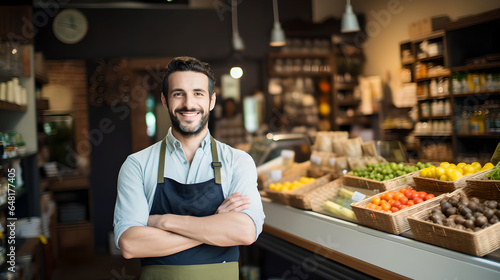 Portrait of happy male shopkeeper standing in a grocery store pose crossed his arms