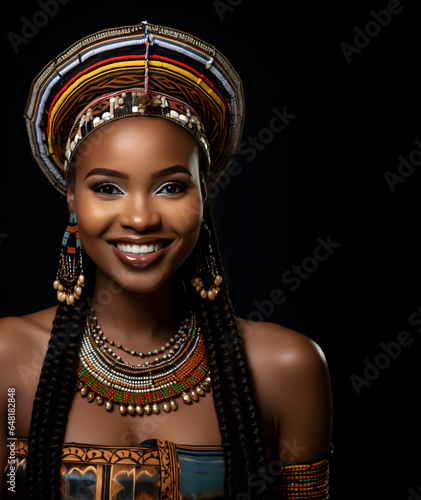 Portrait of a 25 year old beautiful zulu woman. Young African Zulu woman in her 20s smiling to the camera. Traditional African decorations and black background