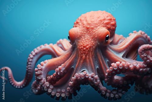 Sea life macro concept. orange octopus on blue background. copy space. exotic food