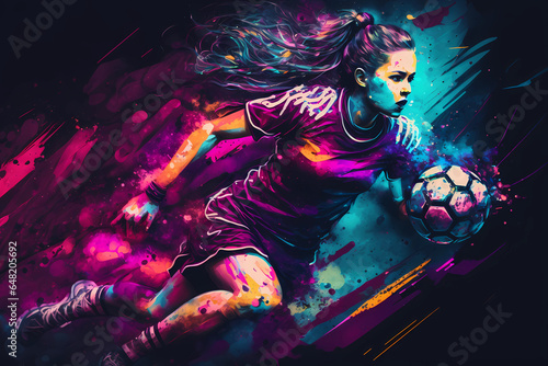 Female footballer in a neon watercolor sketch