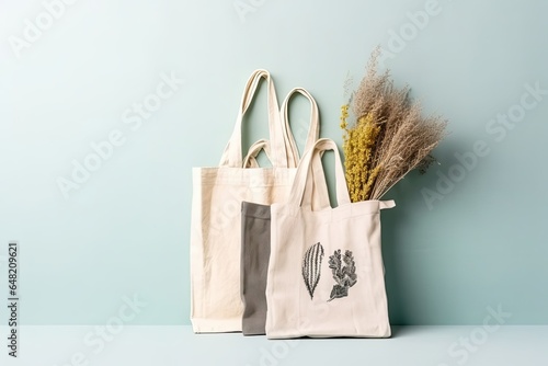 Set of reusable cotton eco bags. responsible consumption, eco-friendly concept, Generative AI 