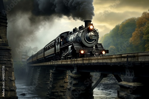 Steam locomotive crossing old bridge. Generative AI
