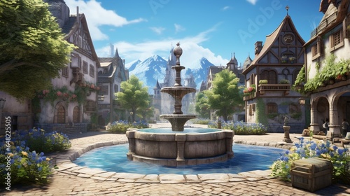 an elegant AI image of a serene village square with a bubbling spring fountain