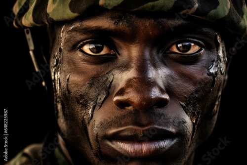 Portrait of a black african military soldier with camouflage uniform and equipment in Niger