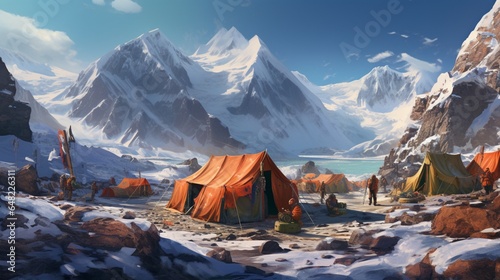 an elegant AI image of a mountaineering base camp with colorful tents and gear